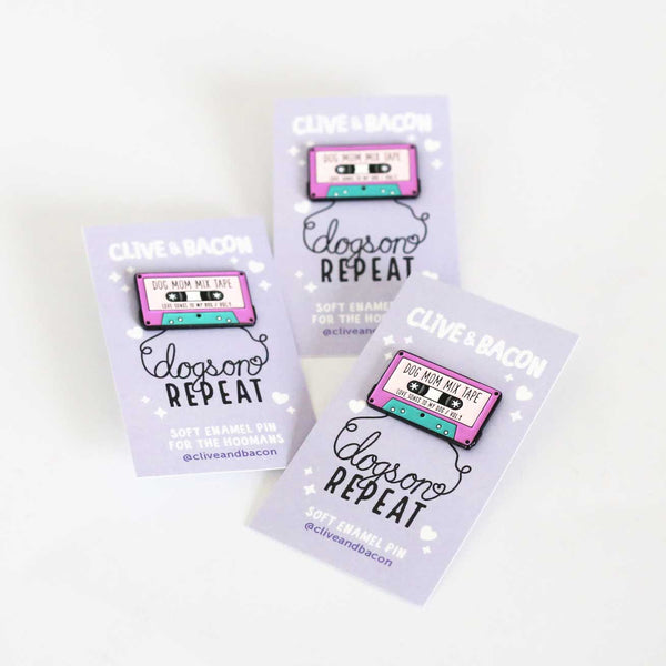 Dog Mom Mix Tape Enamel Pin - Clive and Bacon